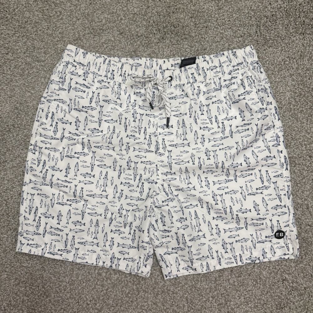 Eddie Bauer Men’s Fish Print Swim Trunks White Blue Size M Mesh Lined Shorts